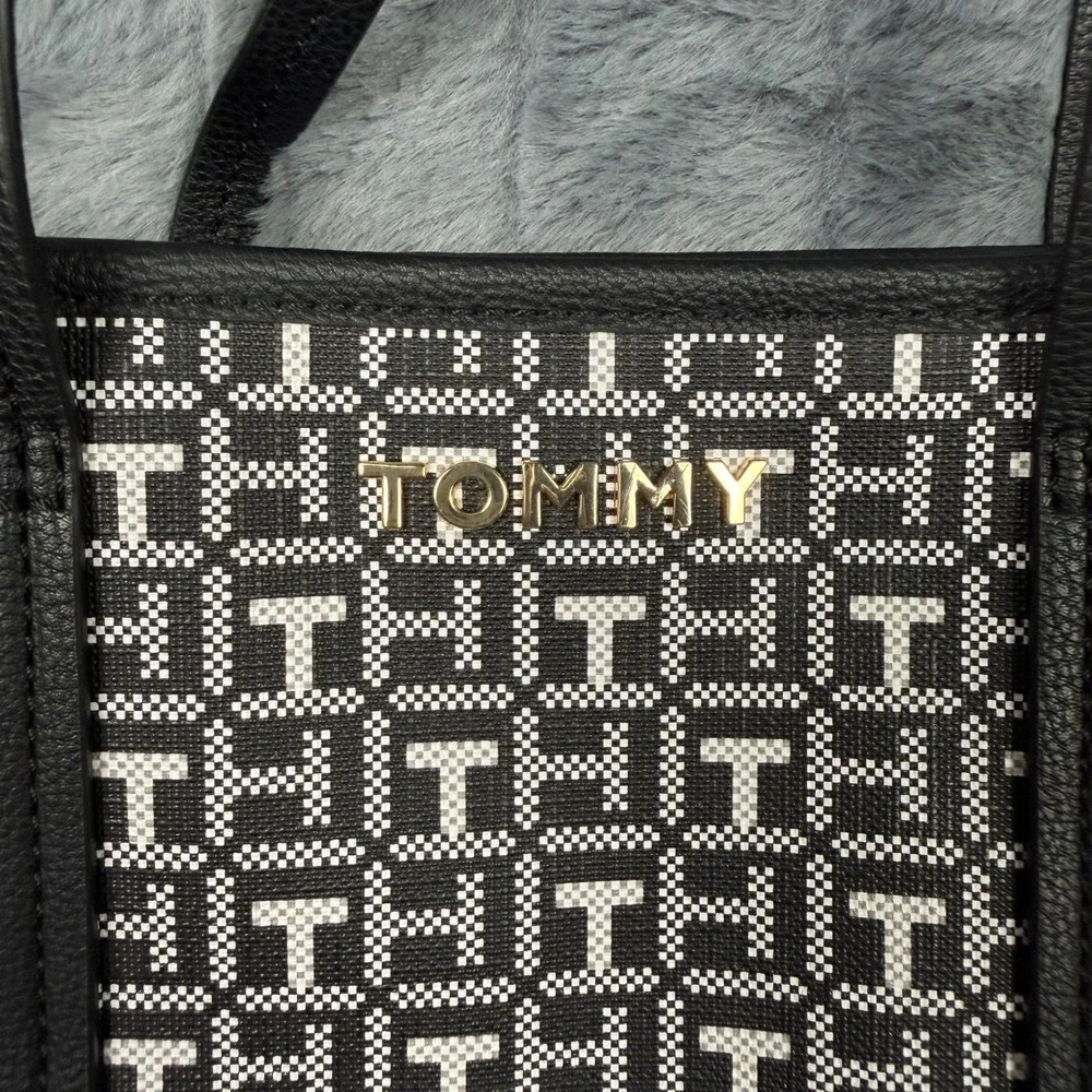 Tommy Hilfiger Crossbody Tote Womens Medium Black White Monogram Jacquard Bag